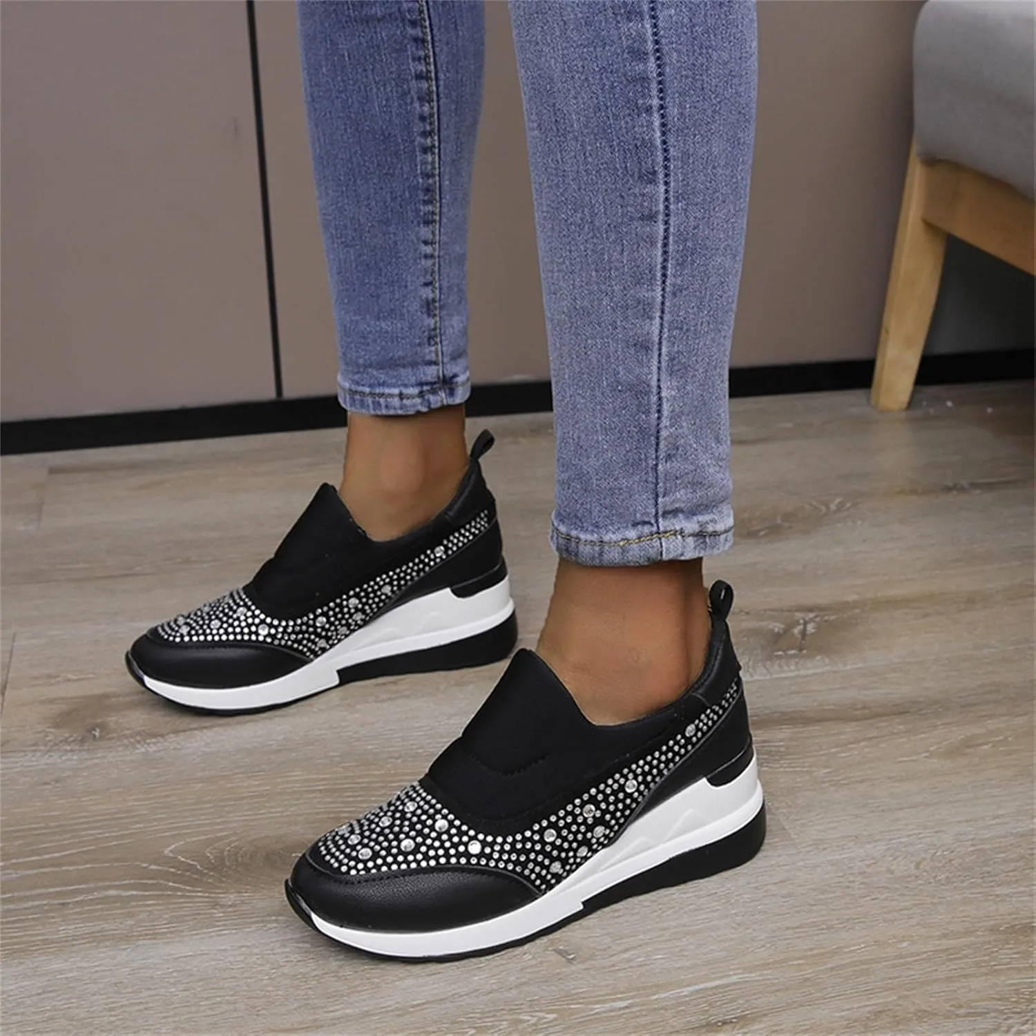 Orthopedic Shoes for Women Leather Rhinestones Patched Shoes Thick Sole Wedges Dress Shoes Arch Support Shoes