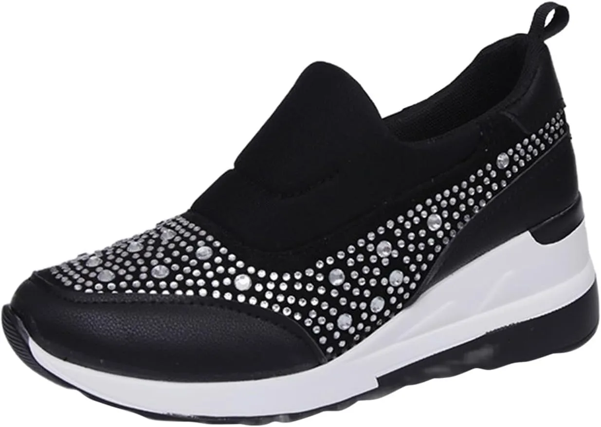 Orthopedic Shoes for Women Leather Rhinestones Patched Shoes Thick Sole Wedges Dress Shoes Arch Support Shoes