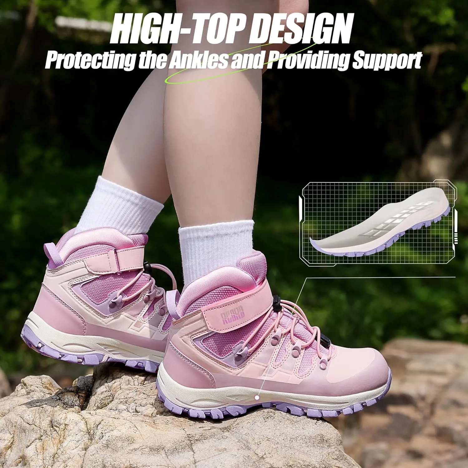R CORD Kids Hiking Boots Girls Hiking Boots Waterproof Durable TPR Traction Drawstring Closure Girls Hiking Boots Anti-Skid Athletic Outdoor Boots