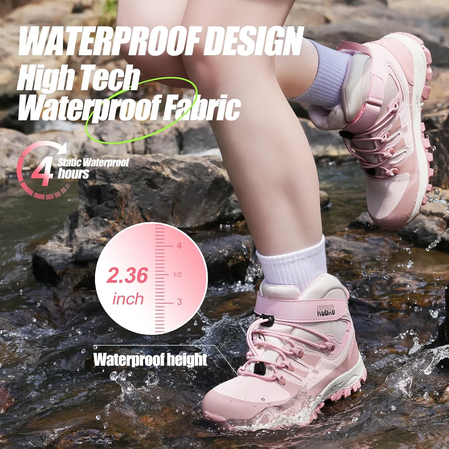 R CORD Kids Hiking Boots Girls Hiking Boots Waterproof Durable TPR Traction Drawstring Closure Girls Hiking Boots Anti-Skid Athletic Outdoor Boots