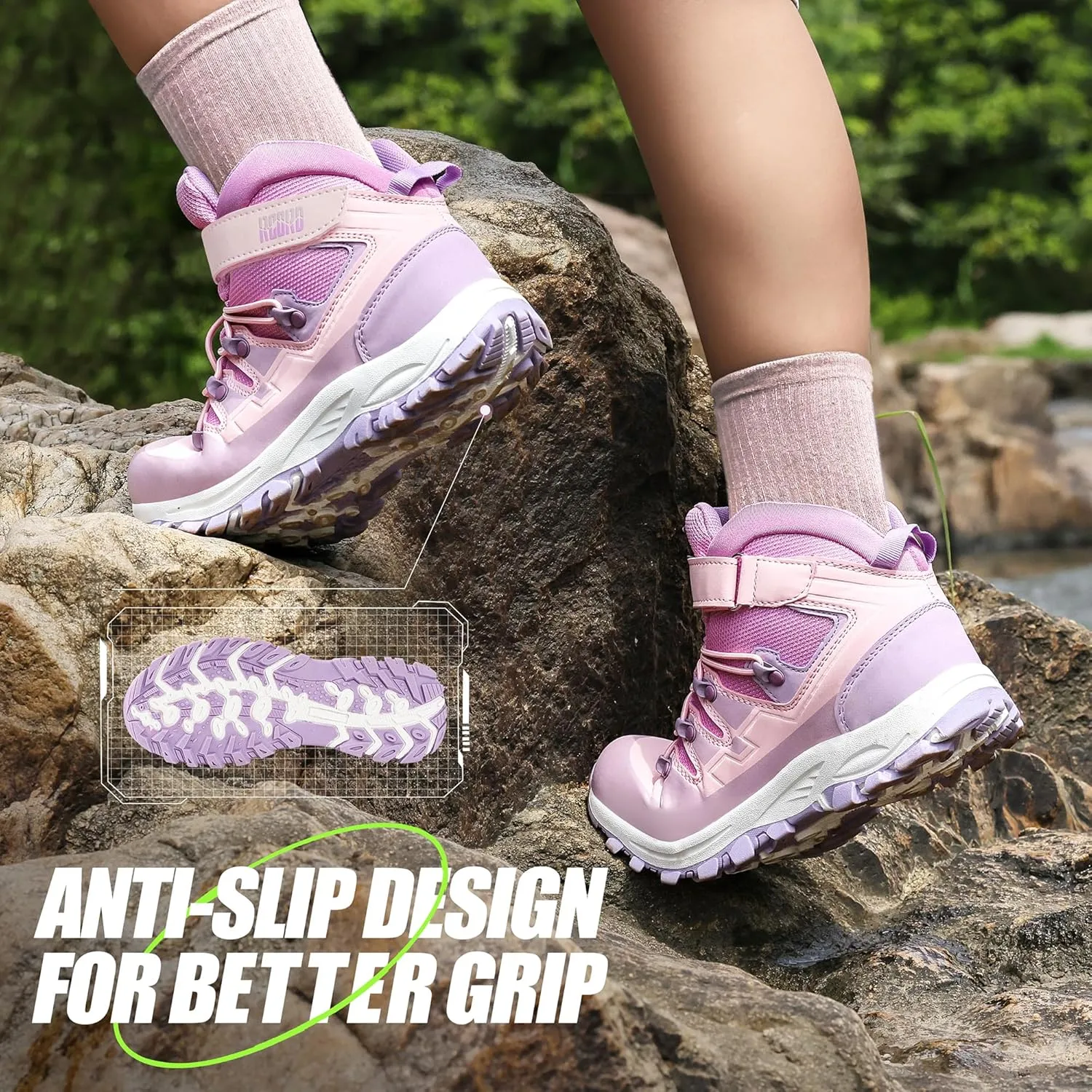 R CORD Kids Hiking Boots Girls Hiking Boots Waterproof Durable TPR Traction Drawstring Closure Girls Hiking Boots Anti-Skid Athletic Outdoor Boots