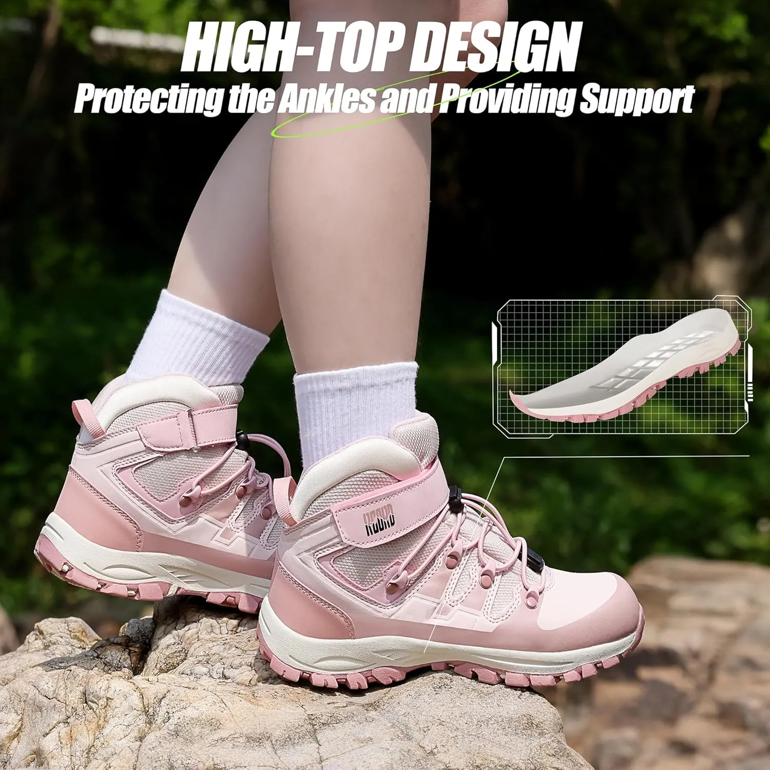 R CORD Kids Hiking Boots Girls Hiking Boots Waterproof Durable TPR Traction Drawstring Closure Girls Hiking Boots Anti-Skid Athletic Outdoor Boots