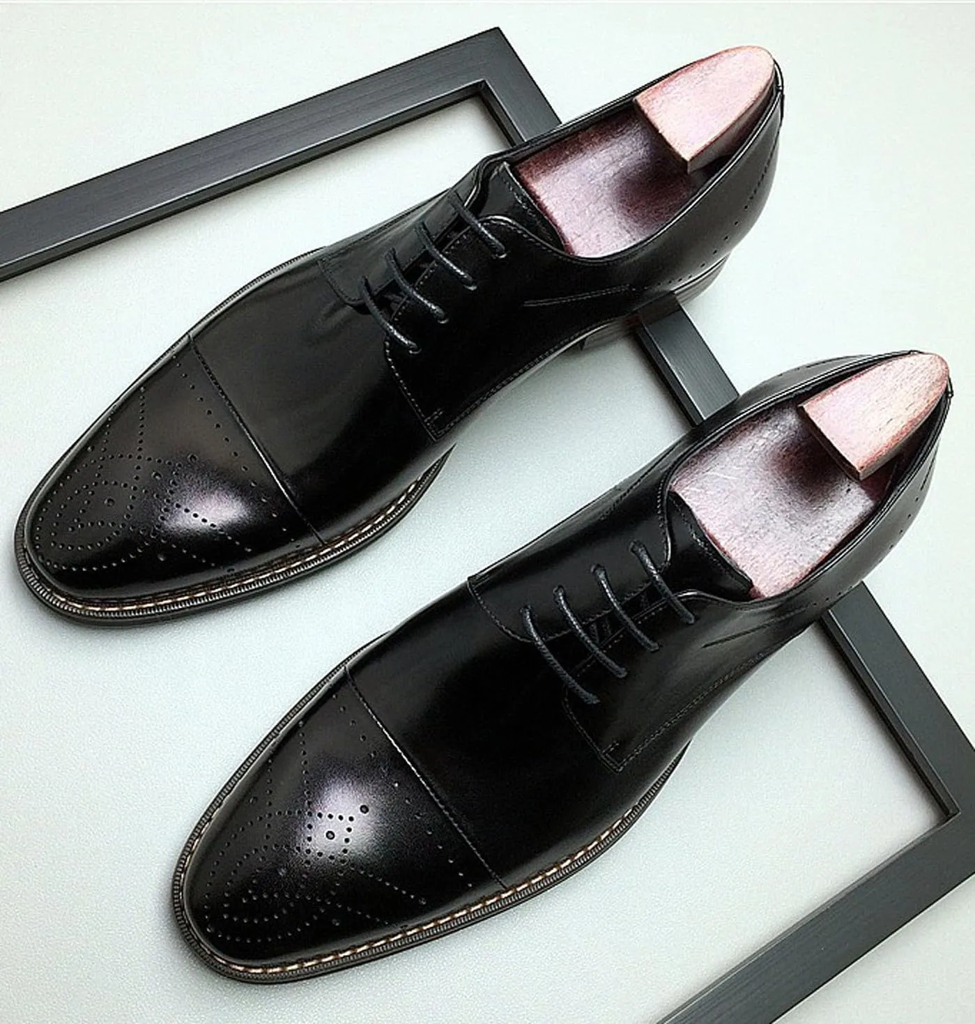Santimon Men’s Genuine Leather Oxfords Dress Shoes – Handcrafted Cap-Toe Derby Shoes for Formal, Tuxedo, Prom, Wedding & Business Casual