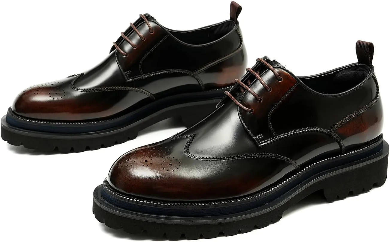 Santimon Mens Oxfords Formal Dress Genuine Leather Wingtips Brogues Derby Fahion Prom Wedding Business Casual Comfort Thick Sole Walking Shoes
