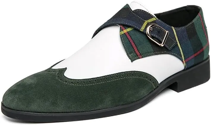 Santimon Mens Wingtip Brogues Two Tone Oxford Dress Shoes Lace up Classic Plaid Prom Fashion Slip On Buckle Belt Shoes