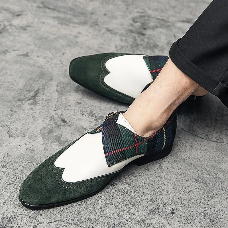 Santimon Mens Wingtip Brogues Two Tone Oxford Dress Shoes Lace up Classic Plaid Prom Fashion Slip On Buckle Belt Shoes