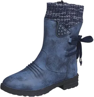 SnowBoots for Women Warm Stretch Knit Winter Shoes Lace Up Mid Calf Boots Slouchy Suede Boots Non Slip Hiking Boots