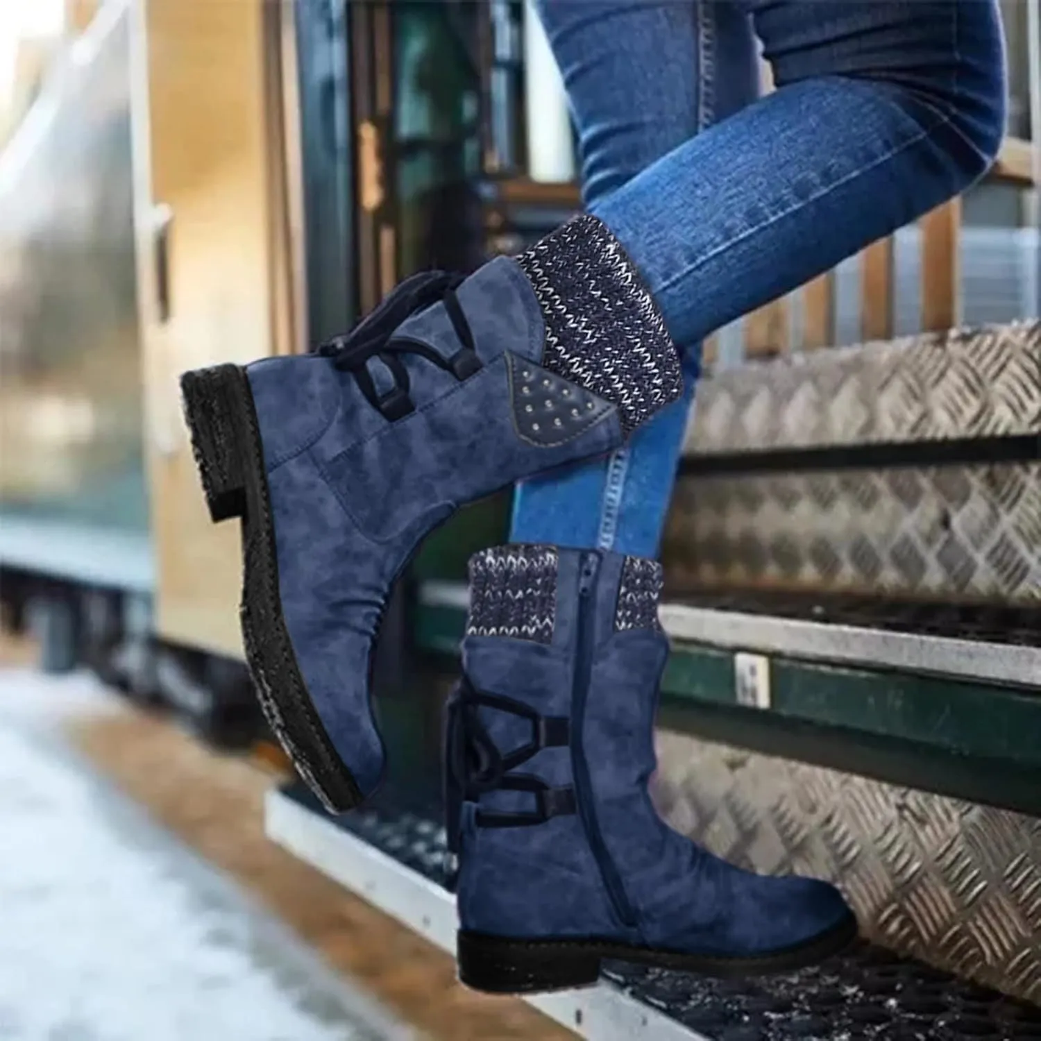 SnowBoots for Women Warm Stretch Knit Winter Shoes Lace Up Mid Calf Boots Slouchy Suede Boots Non Slip Hiking Boots