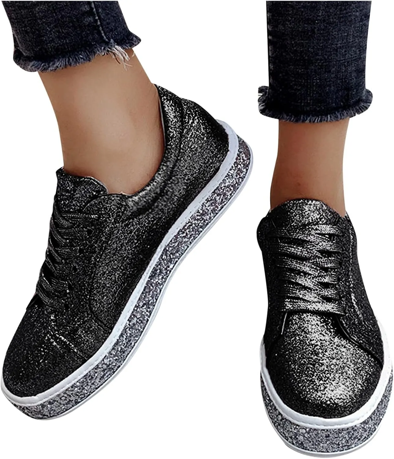 Sparkly Sneakers for Women Women's Glitter Shoes Sparkly Lightweight Metallic Sequins Tennis Shoes LCE Up Walking Shoes Cute