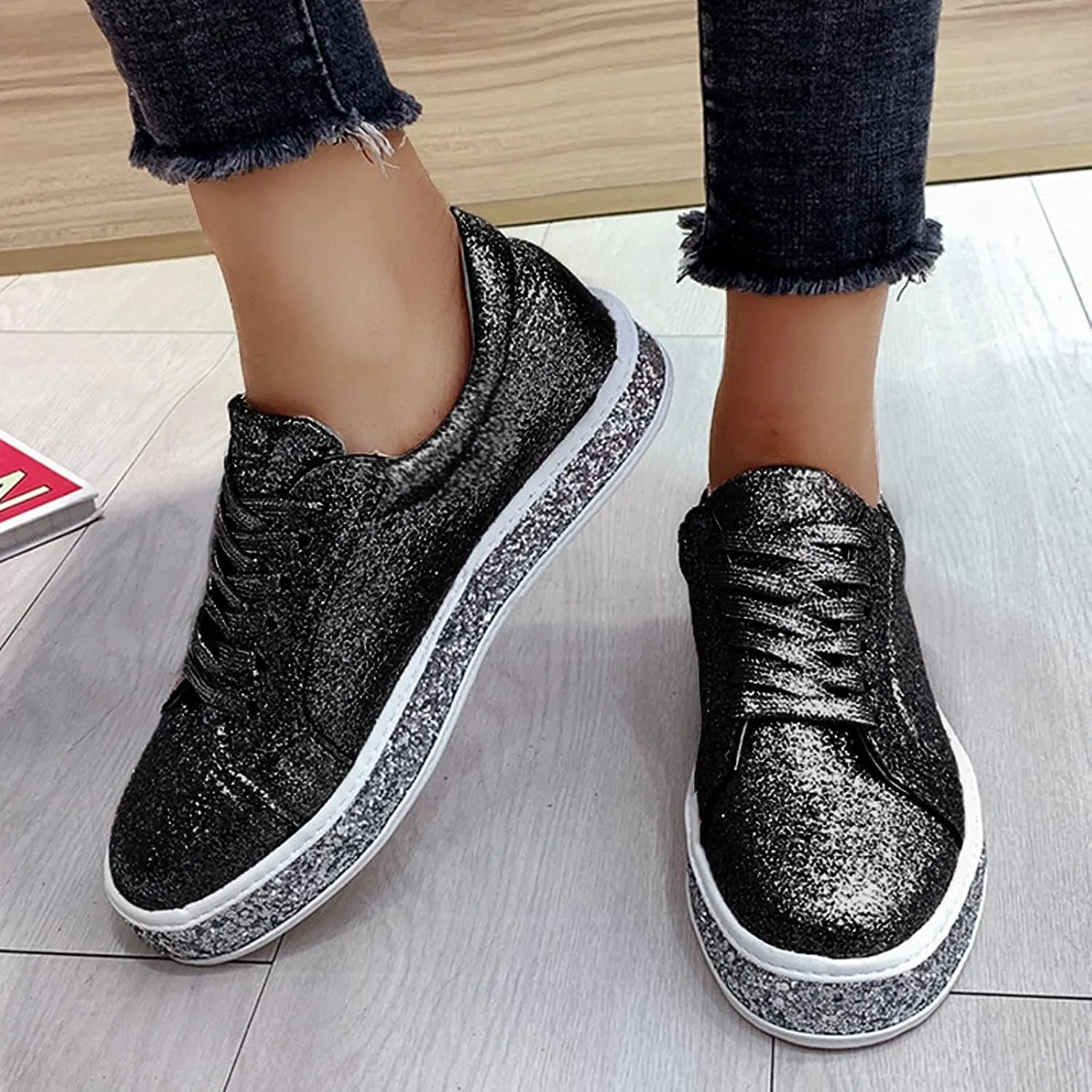 Sparkly Sneakers for Women Women's Glitter Shoes Sparkly Lightweight Metallic Sequins Tennis Shoes LCE Up Walking Shoes Cute