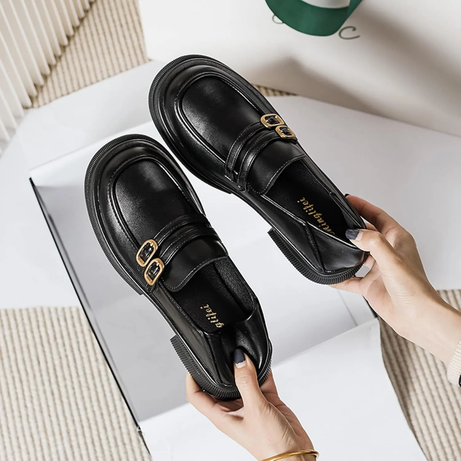 TNXZ Girl's Chunky Platform Loafers with Buckle Leather Casual Business Soft Comfort Slip-on Peny Shoes