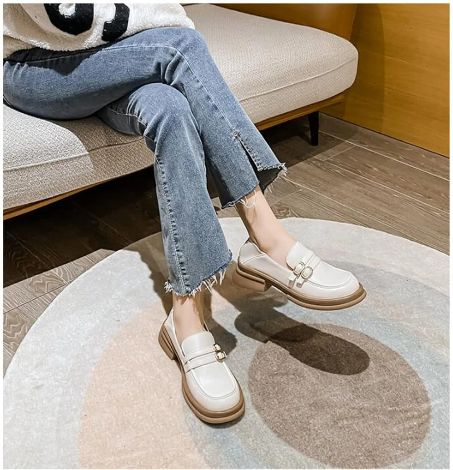 TNXZ Girl's Chunky Platform Loafers with Buckle Leather Casual Business Soft Comfort Slip-on Peny Shoes