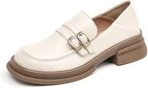 TNXZ Girl's Chunky Platform Loafers with Buckle Leather Casual Business Soft Comfort Slip-on Peny Shoes