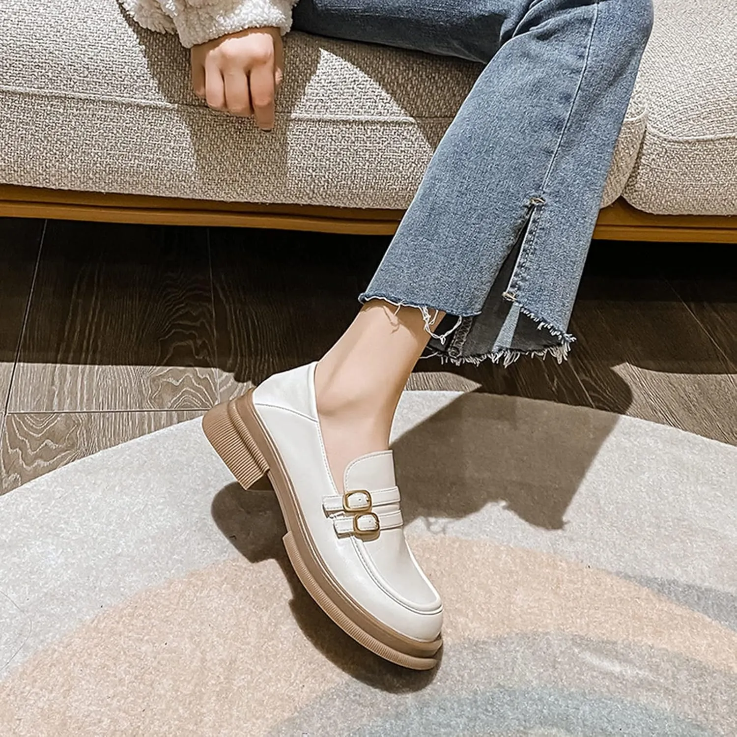 TNXZ Girl's Chunky Platform Loafers with Buckle Leather Casual Business Soft Comfort Slip-on Peny Shoes