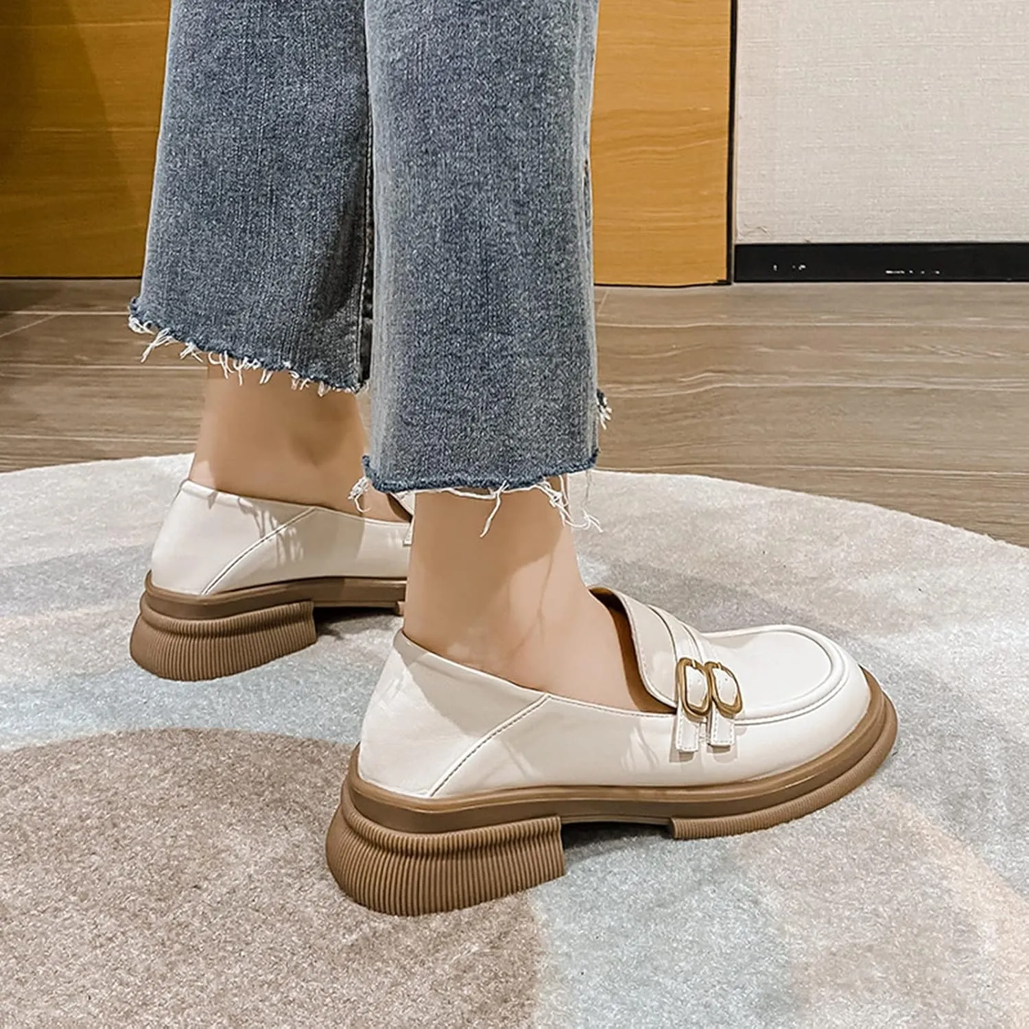 TNXZ Girl's Chunky Platform Loafers with Buckle Leather Casual Business Soft Comfort Slip-on Peny Shoes