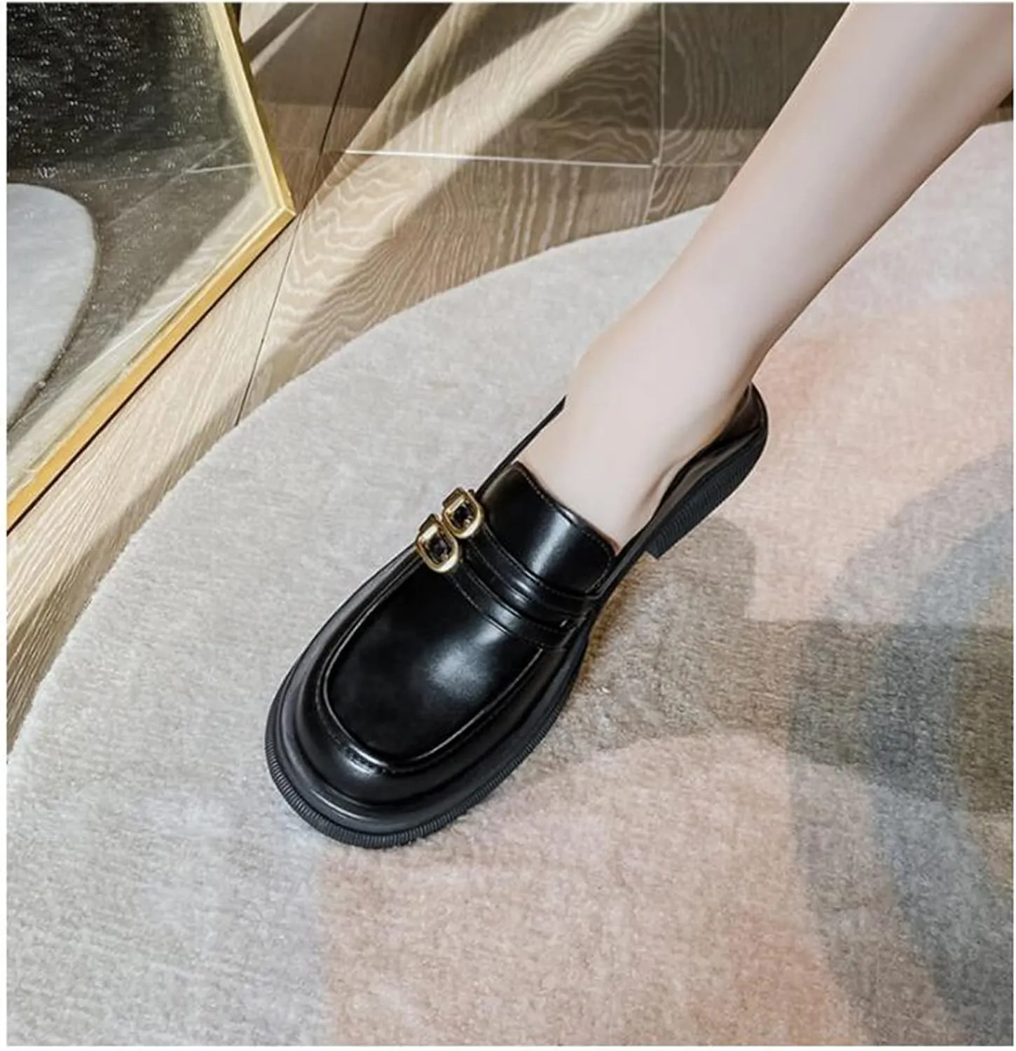TNXZ Girl's Chunky Platform Loafers with Buckle Leather Casual Business Soft Comfort Slip-on Peny Shoes