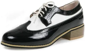 VOKLIN Women's Two Tone Flat Saddle Oxfords Shoes Wingtip Perforated Lace Up Low Heel Vintage Oxford Brogues