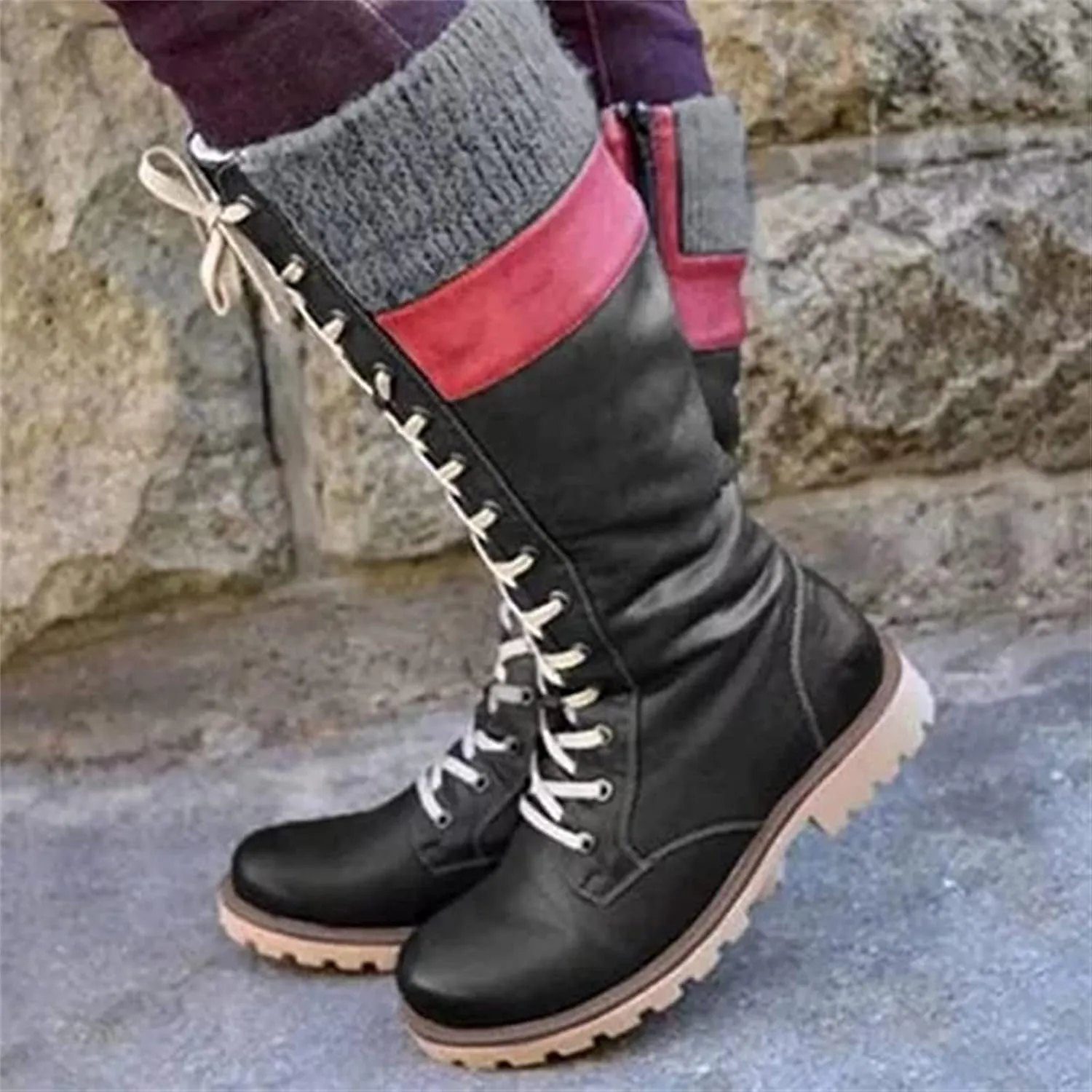 Winter Boots For Women 2022 Trendy Lace up Mid Calf Riding Military Combat Boots Side Zipper Low Heel Platform Boots