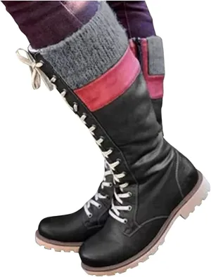 Winter Boots For Women 2022 Trendy Lace up Mid Calf Riding Military Combat Boots Side Zipper Low Heel Platform Boots