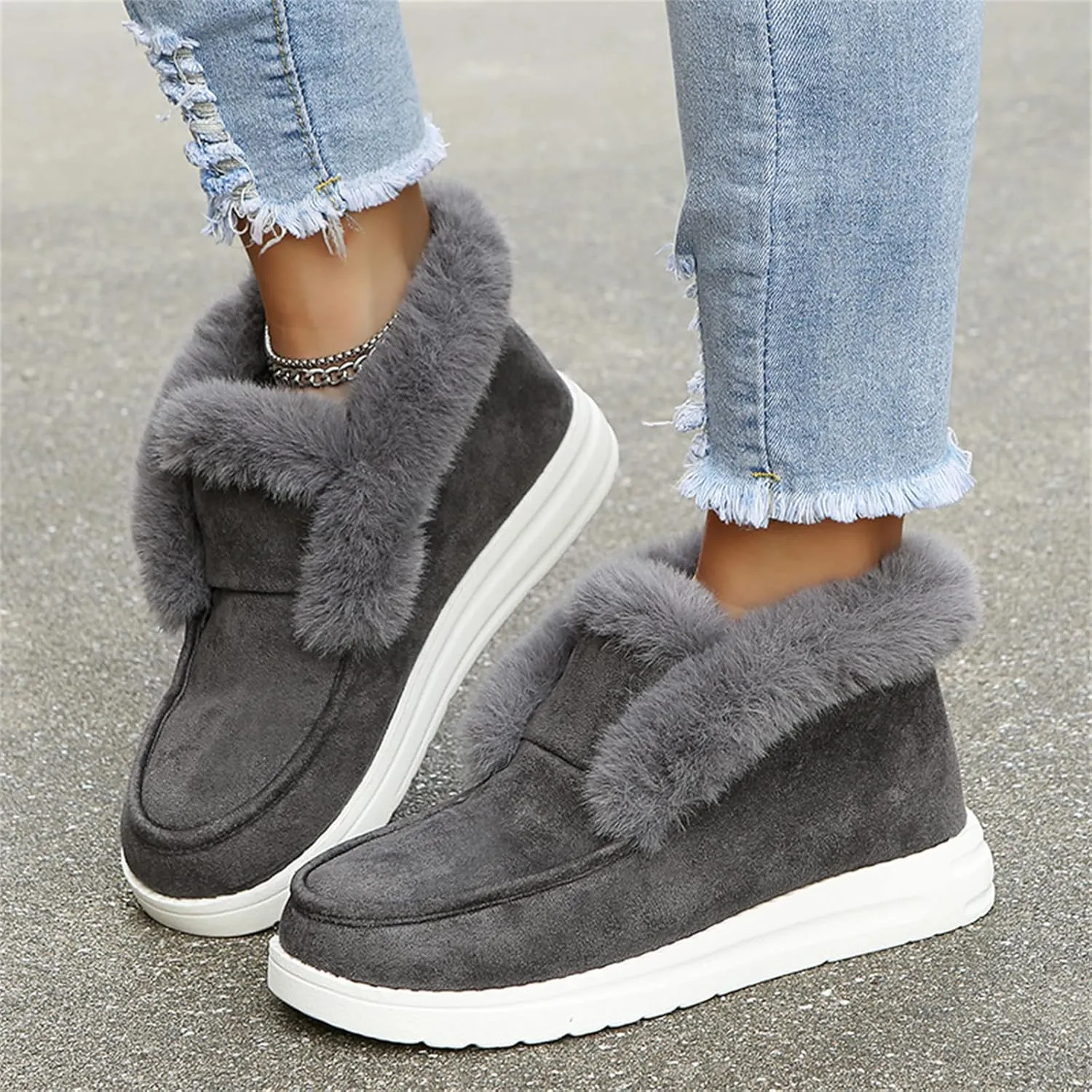Winter Fashion Boots For Women 2024 Warm Fur Lined Snow Ankle Short Booties Outdoor Comfortable Slip On Loafers Shoes