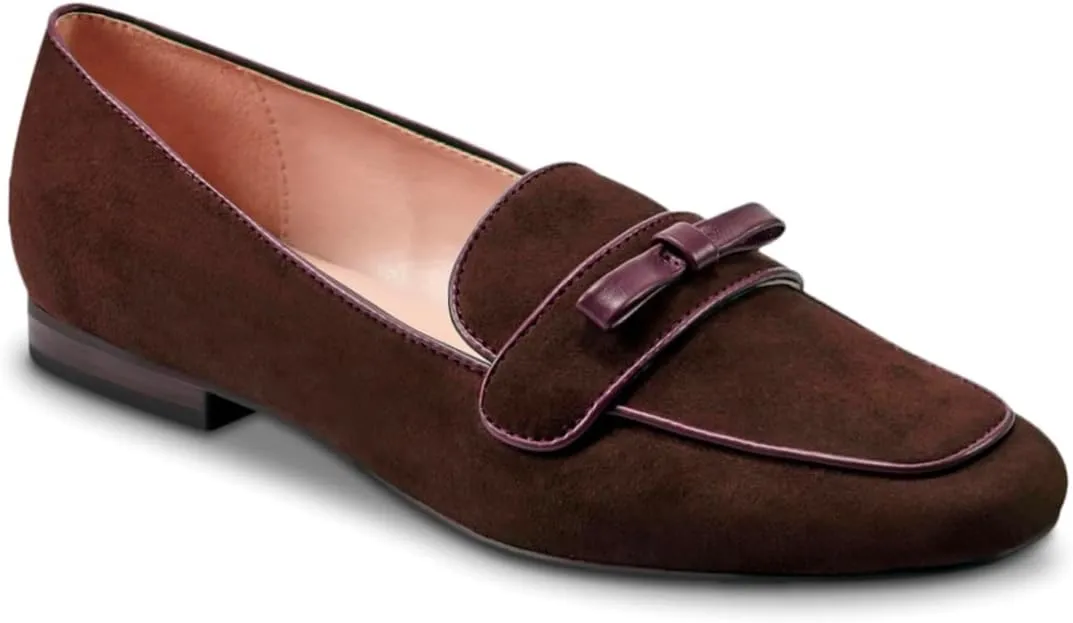 Women Bow Loafer Flats Suede Slip On Comfortable Flat Penny Loafers Closed Square Toe Two-Toned Flat Shoes Patchwork Office Ladies Work Loafers Dressy Casual Club Driver Flats Fall 4-11 M US