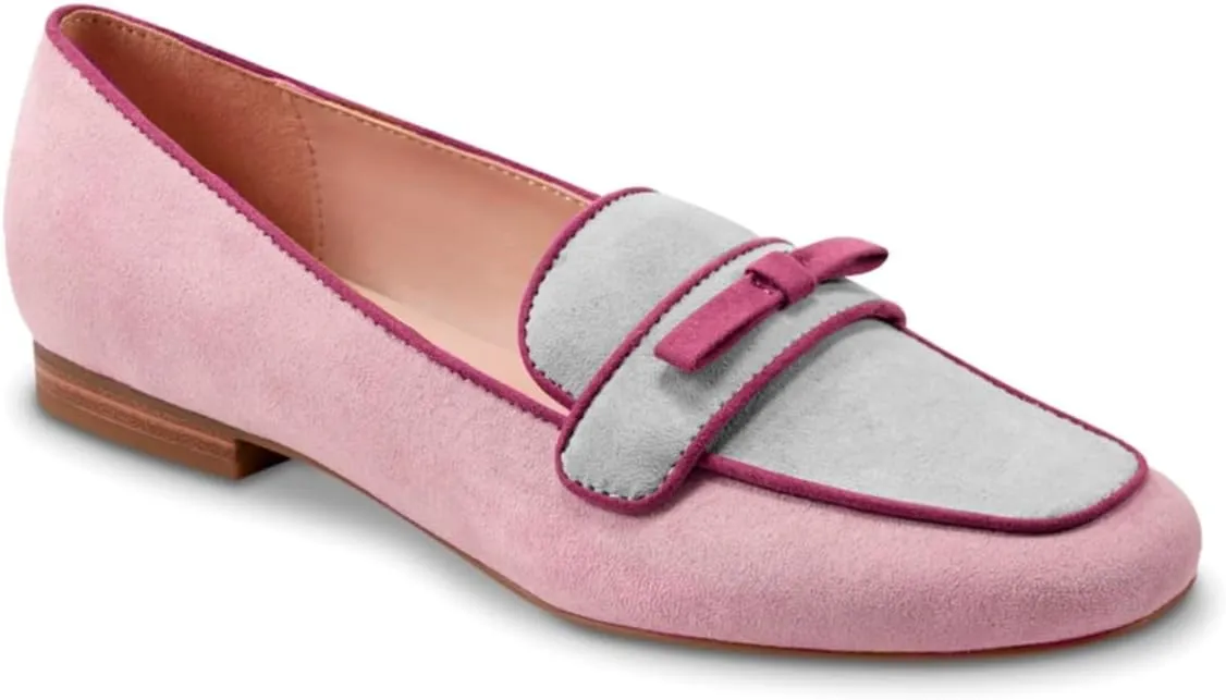 Women Bow Loafer Flats Suede Slip On Comfortable Flat Penny Loafers Closed Square Toe Two-Toned Flat Shoes Patchwork Office Ladies Work Loafers Dressy Casual Club Driver Flats Fall 4-11 M US