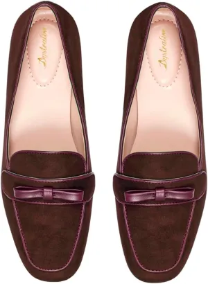 Women Bow Loafer Flats Suede Slip On Comfortable Flat Penny Loafers Closed Square Toe Two-Toned Flat Shoes Patchwork Office Ladies Work Loafers Dressy Casual Club Driver Flats Fall 4-11 M US