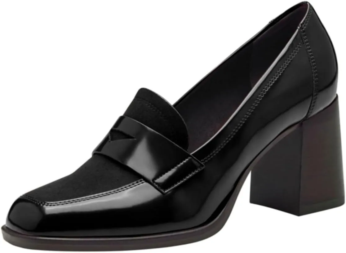 Women Chunky Block Heel Loafer Pumps Square Toe Slip On Loafer High Heels Patchwork Patent Suede Office Loafers Pumps 3 inch Thick Heels Penny Loafers Classic Retro Comfy 4-11 M US