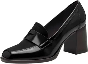 Women Chunky Block Heel Loafer Pumps Square Toe Slip On Loafer High Heels Patchwork Patent Suede Office Loafers Pumps 3 inch Thick Heels Penny Loafers Classic Retro Comfy 4-11 M US