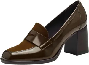Women Chunky Block Heel Loafer Pumps Square Toe Slip On Loafer High Heels Patchwork Patent Suede Office Loafers Pumps 3 inch Thick Heels Penny Loafers Classic Retro Comfy 4-11 M US