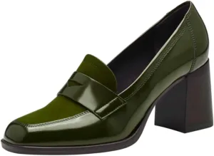 Women Chunky Block Heel Loafer Pumps Square Toe Slip On Loafer High Heels Patchwork Patent Suede Office Loafers Pumps 3 inch Thick Heels Penny Loafers Classic Retro Comfy 4-11 M US