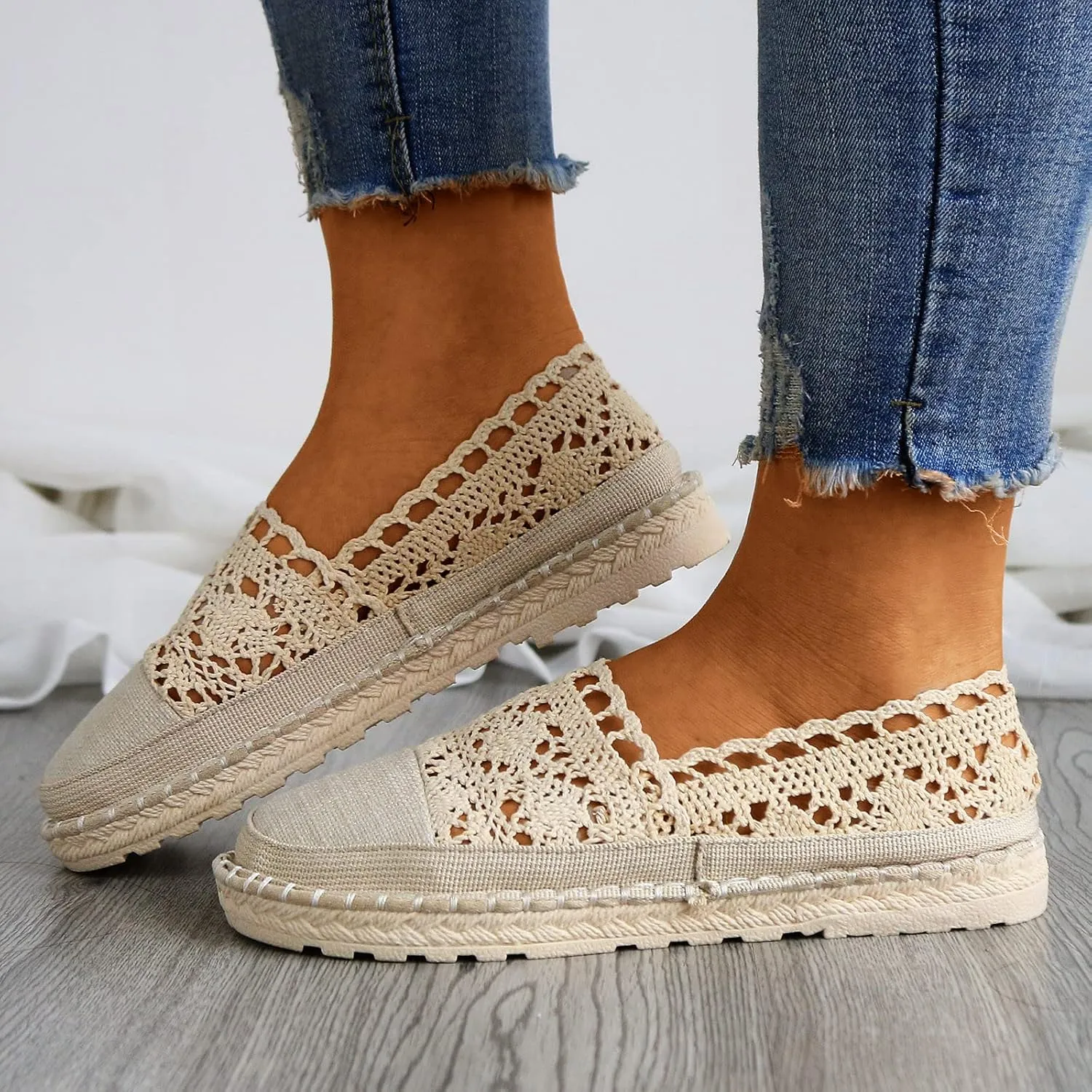 Women Comfortable Walking Shoes Crochet Slip On Shoes Lace Ballet Flats Espadrilles Platform Shoes Fashion Sneakers