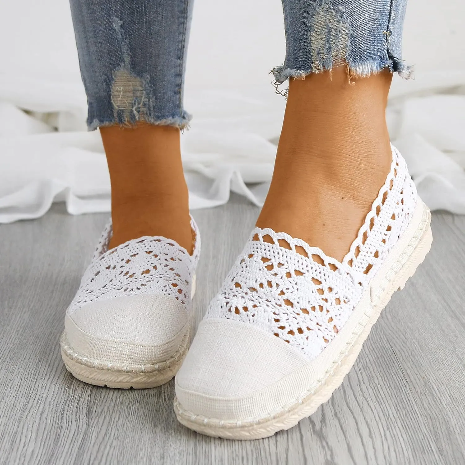 Women Comfortable Walking Shoes Crochet Slip On Shoes Lace Ballet Flats Espadrilles Platform Shoes Fashion Sneakers