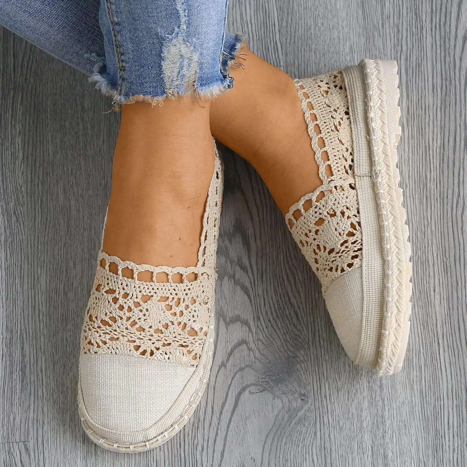 Women Comfortable Walking Shoes Crochet Slip On Shoes Lace Ballet Flats Espadrilles Platform Shoes Fashion Sneakers