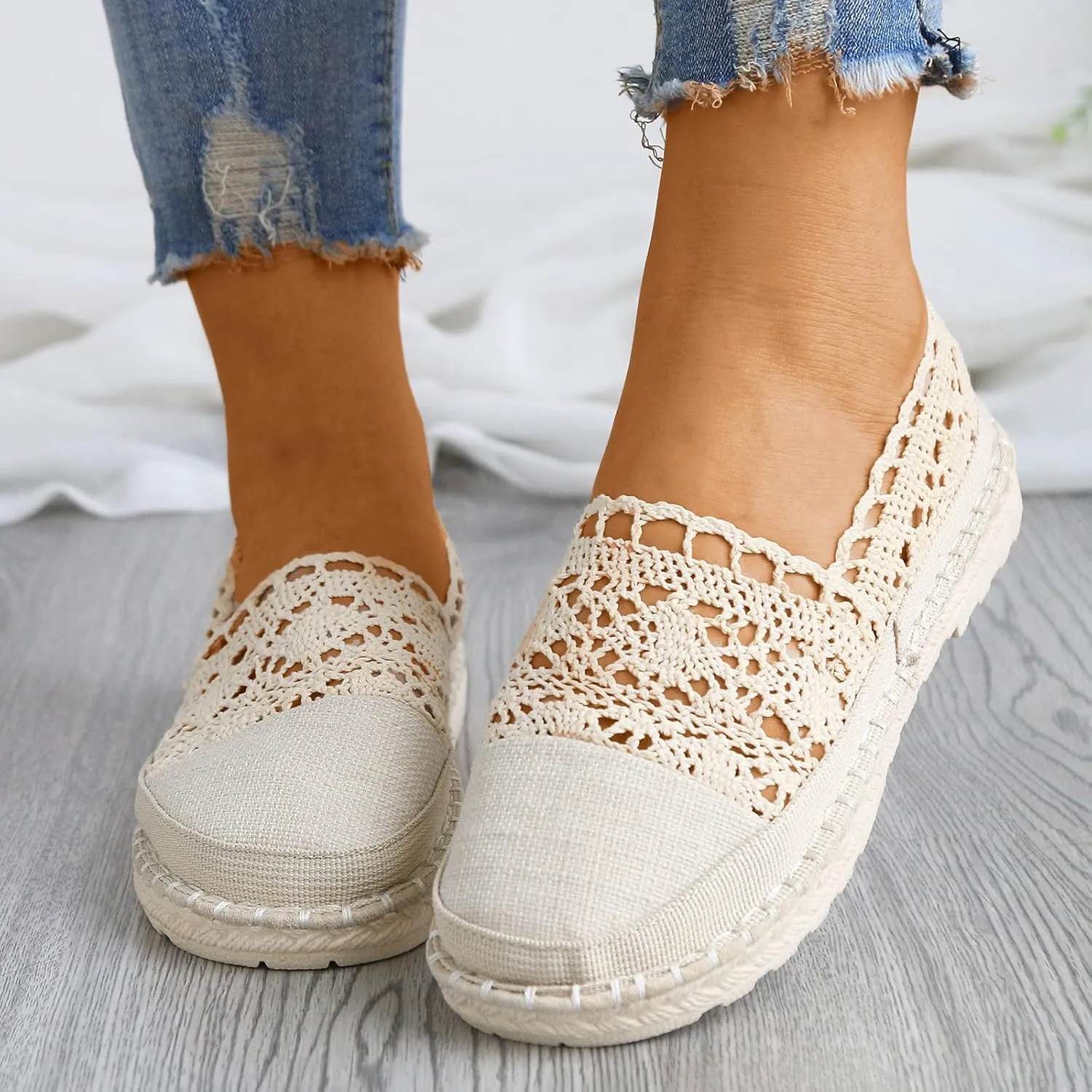 Women Comfortable Walking Shoes Crochet Slip On Shoes Lace Ballet Flats Espadrilles Platform Shoes Fashion Sneakers