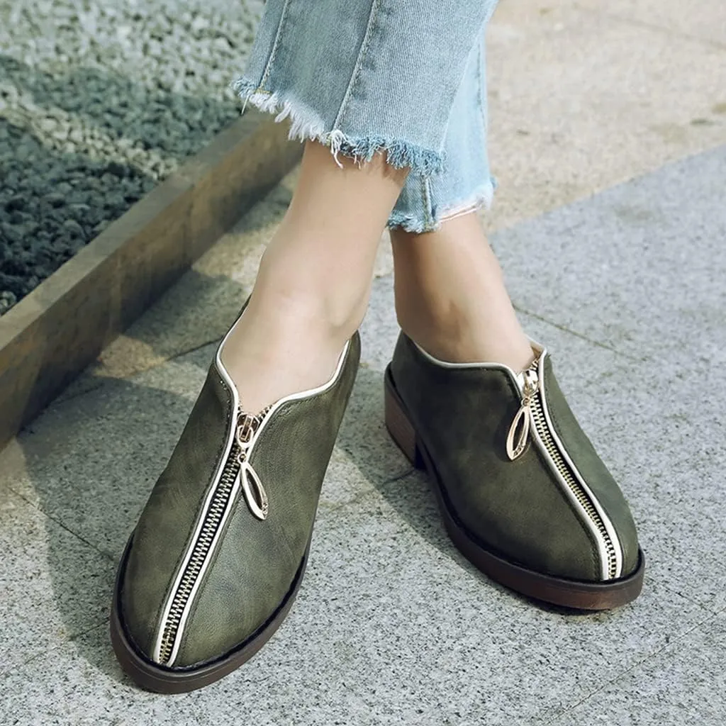 Women's Classic Oxford Shoes Round Toe Zipper Comfort Low Heel Western School Pump Oxfords Brogues