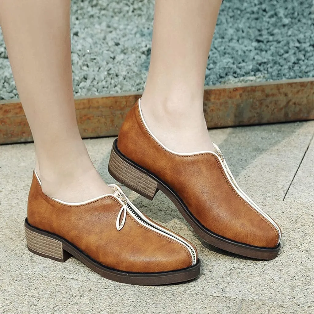 Women's Classic Oxford Shoes Round Toe Zipper Comfort Low Heel Western School Pump Oxfords Brogues