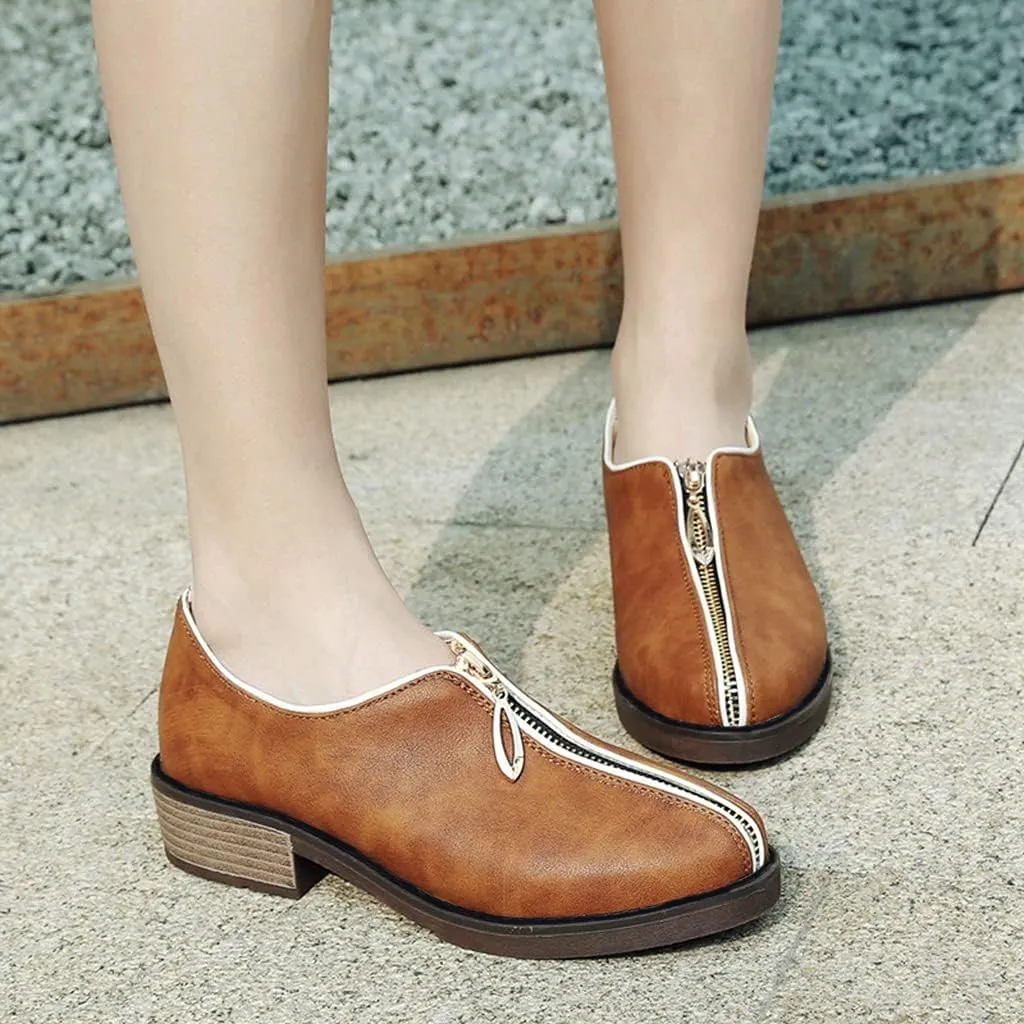 Women's Classic Oxford Shoes Round Toe Zipper Comfort Low Heel Western School Pump Oxfords Brogues
