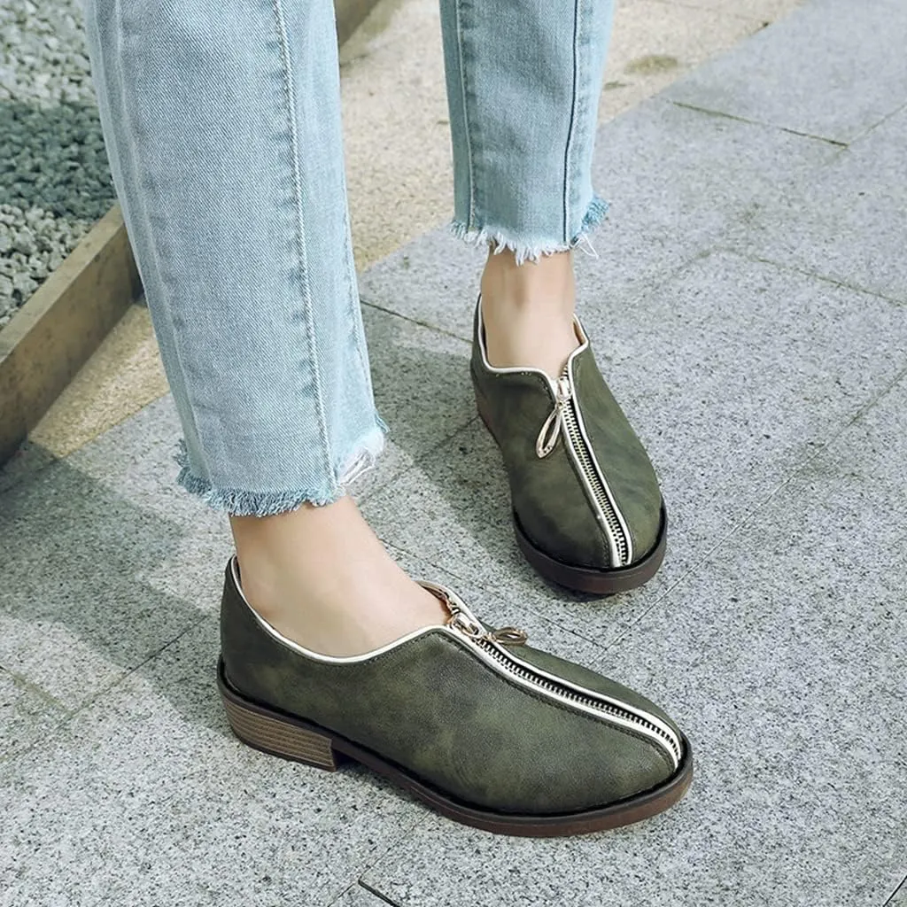 Women's Classic Oxford Shoes Round Toe Zipper Comfort Low Heel Western School Pump Oxfords Brogues