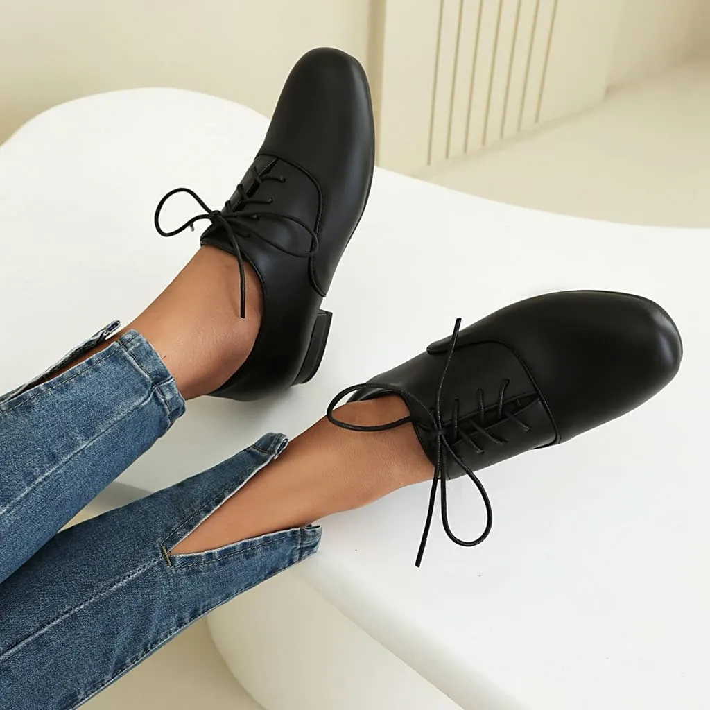 Women's Classic Round Toe Lace Up Oxford Shoes Comfort Flat Low Heels School Saddle Oxfords Dress Shoe