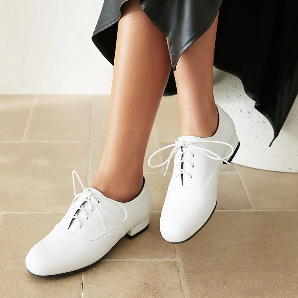 Women's Classic Round Toe Lace Up Oxford Shoes Comfort Flat Low Heels School Saddle Oxfords Dress Shoe