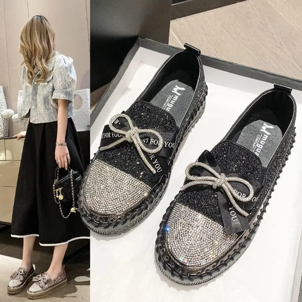 Women's Fashion Rhinestone Slip On Sneakers Casual Comfort Platform Walking Shoes Cute Bowknot Glitter Bling Loafers