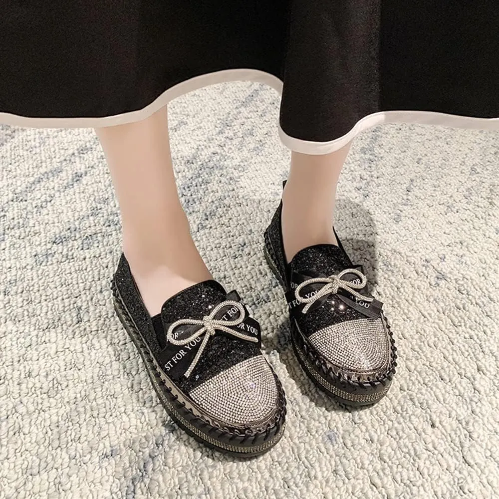 Women's Fashion Rhinestone Slip On Sneakers Casual Comfort Platform Walking Shoes Cute Bowknot Glitter Bling Loafers