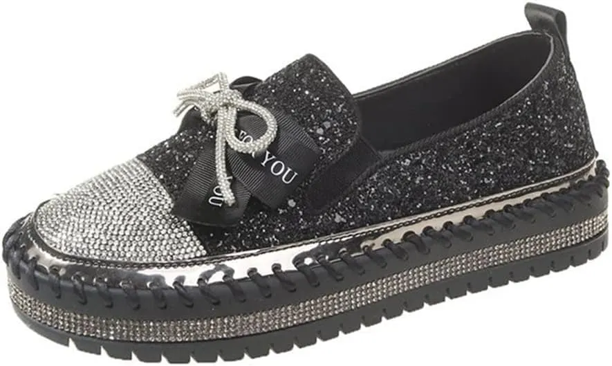 Women's Fashion Rhinestone Slip On Sneakers Casual Comfort Platform Walking Shoes Cute Bowknot Glitter Bling Loafers