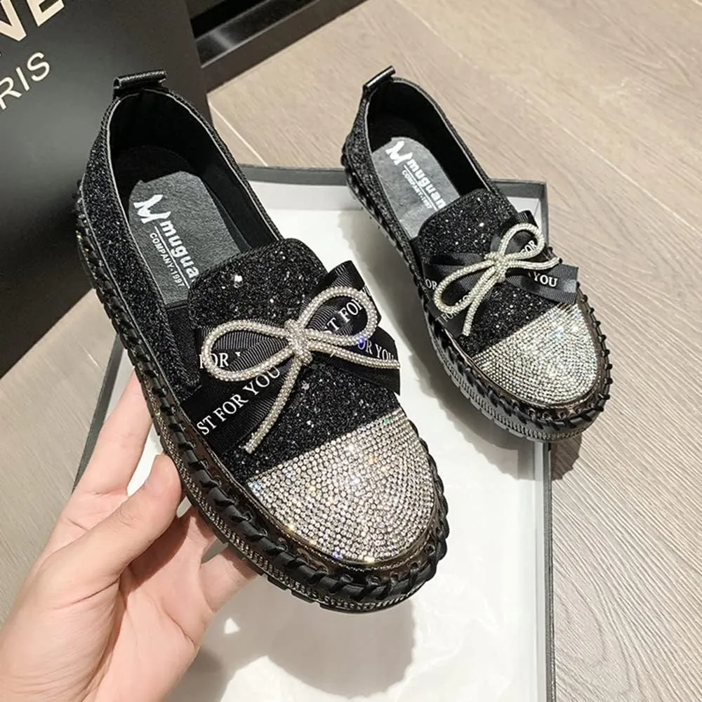 Women's Fashion Rhinestone Slip On Sneakers Casual Comfort Platform Walking Shoes Cute Bowknot Glitter Bling Loafers