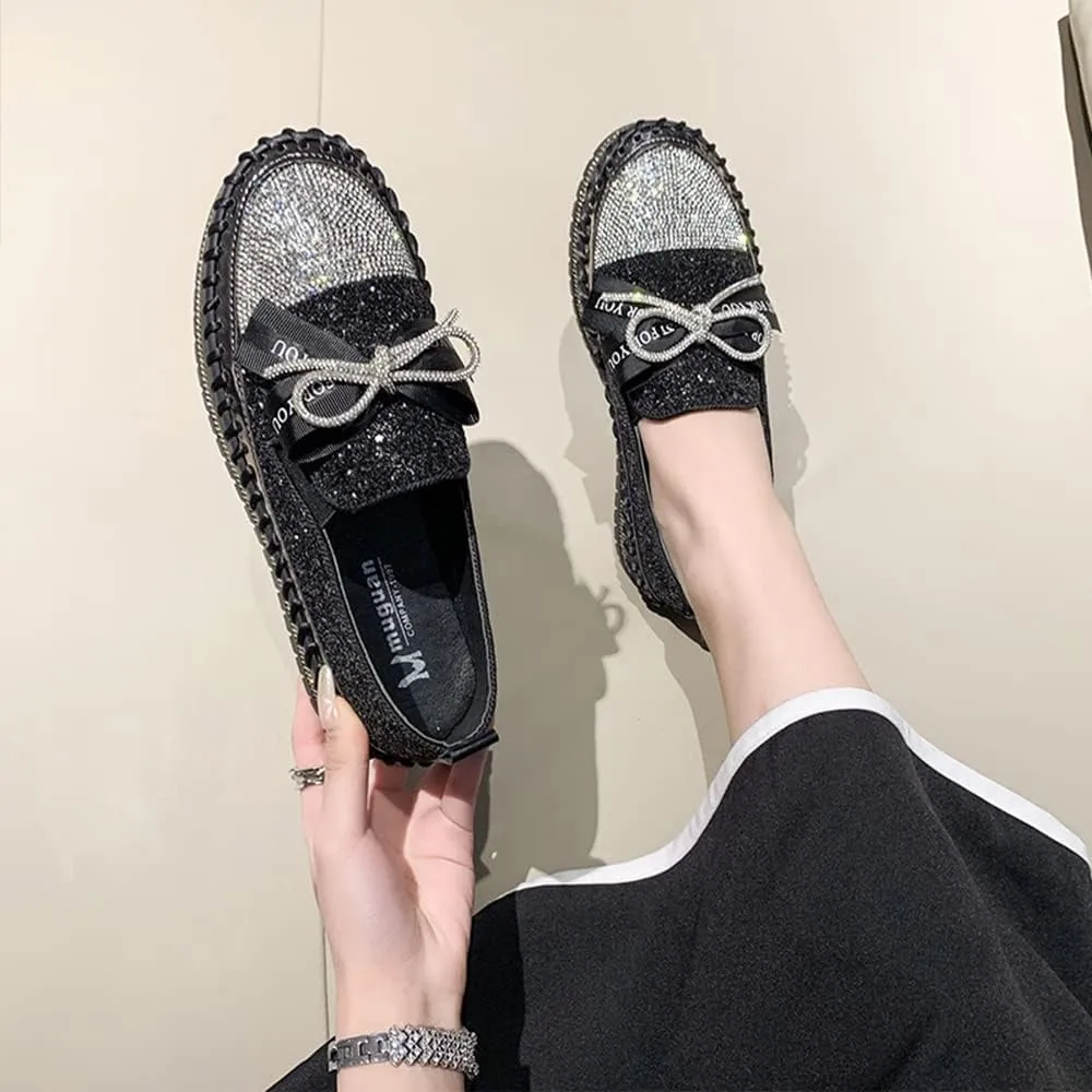Women's Fashion Rhinestone Slip On Sneakers Casual Comfort Platform Walking Shoes Cute Bowknot Glitter Bling Loafers