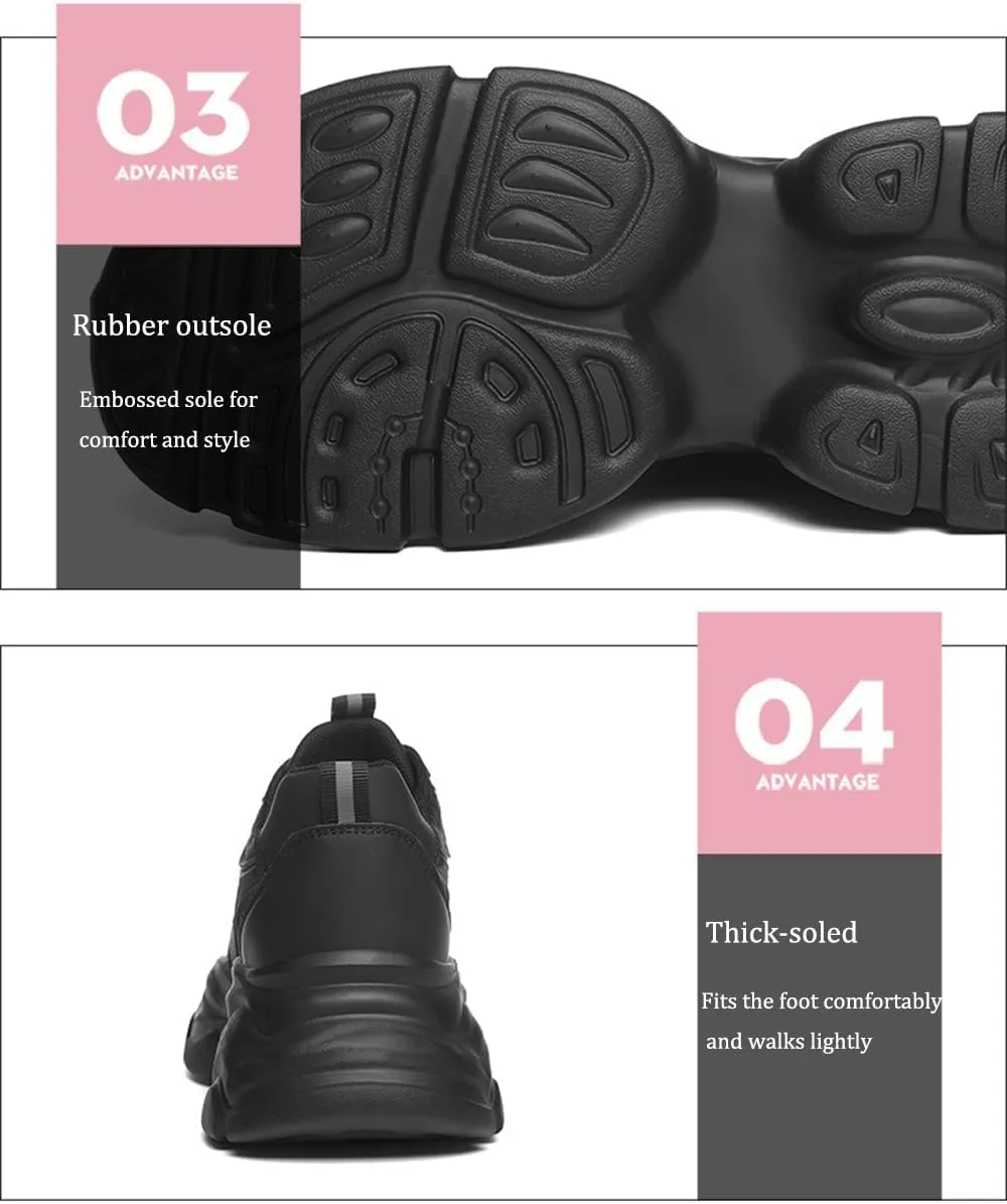 Women's Fashion Sneakers - Casual Black Platform Chunky Trainers - Breathable/Comfortable Ladies Shoes, Versatile Thick Sole,Black-37