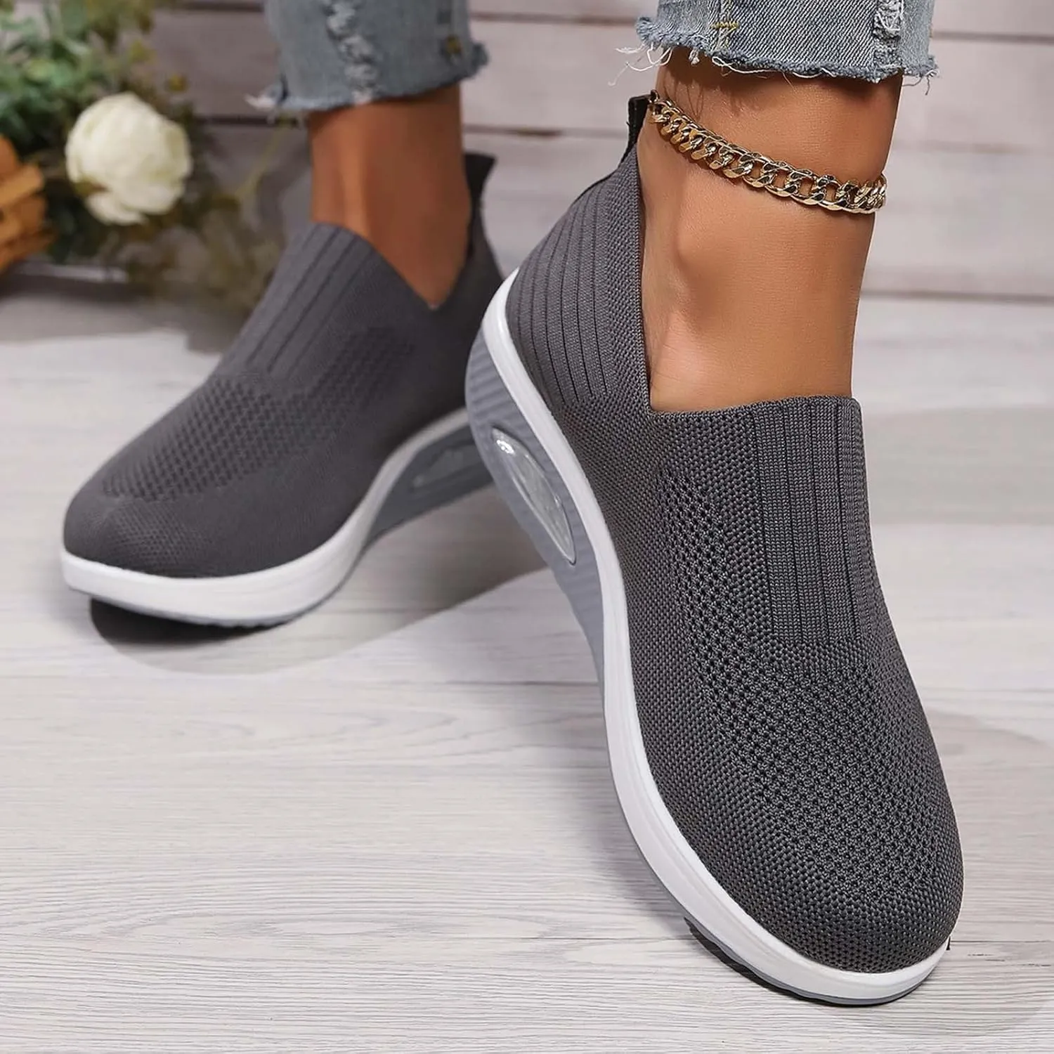Women's Fashion Sneakers Elastic Fly Woven Mesh Shoes Breathable Solid Shoes Air Cushion Sole Cushion Shoes