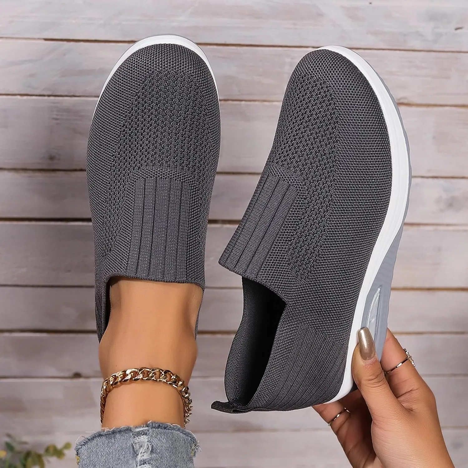 Women's Fashion Sneakers Elastic Fly Woven Mesh Shoes Breathable Solid Shoes Air Cushion Sole Cushion Shoes