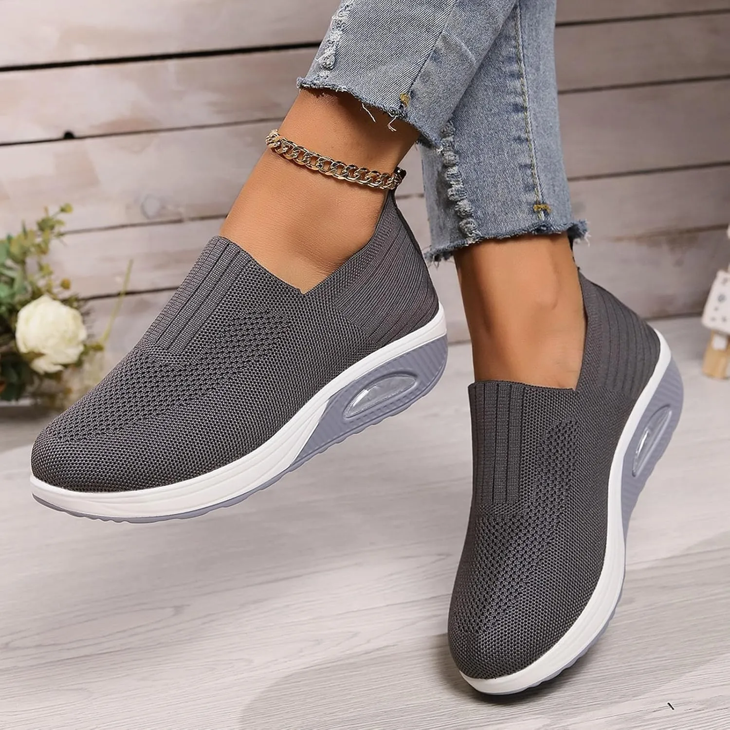 Women's Fashion Sneakers Elastic Fly Woven Mesh Shoes Breathable Solid Shoes Air Cushion Sole Cushion Shoes